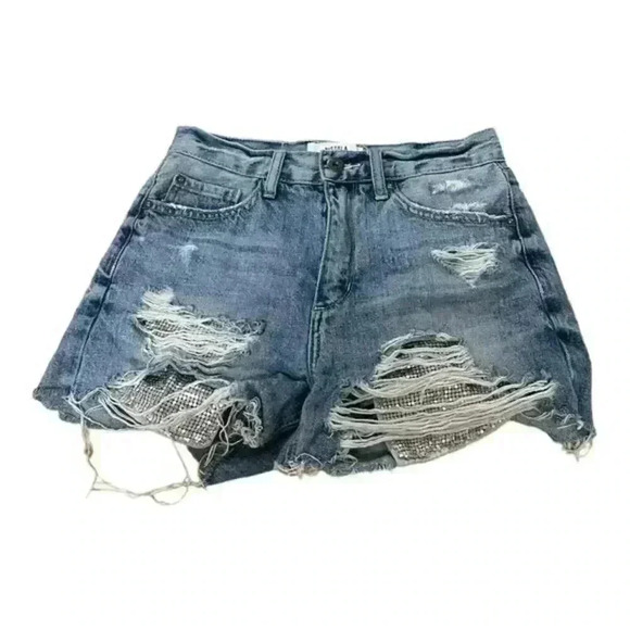 Pistola Pants - Pistola Women's High Rise Mom Denim Shorts Blue with Sparkle Inserts Size 25